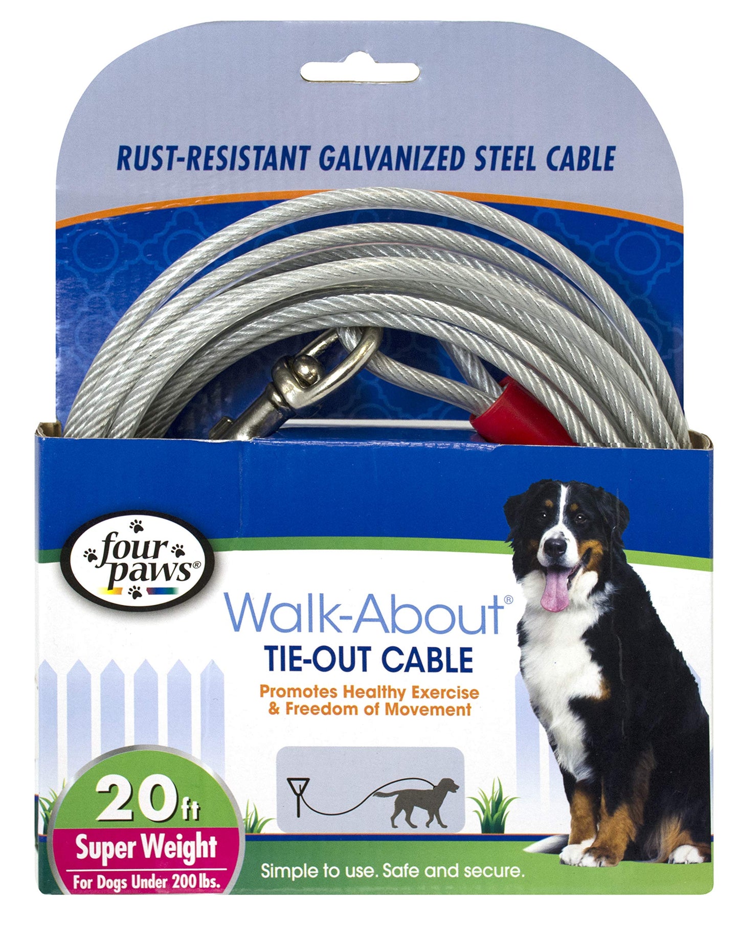 Four Paws Walk About Tie Out Cable - 20 ft Silver Heavy Weight