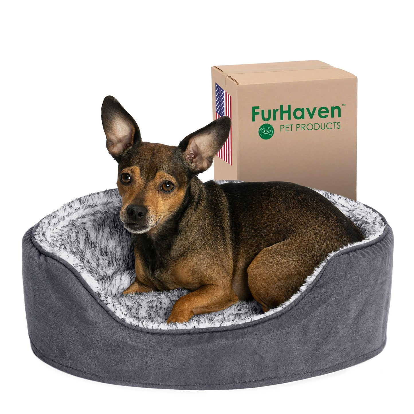 FurHaven Fur & Suede Oval Cuddler w/Insert Pillow - Stone Gray Small